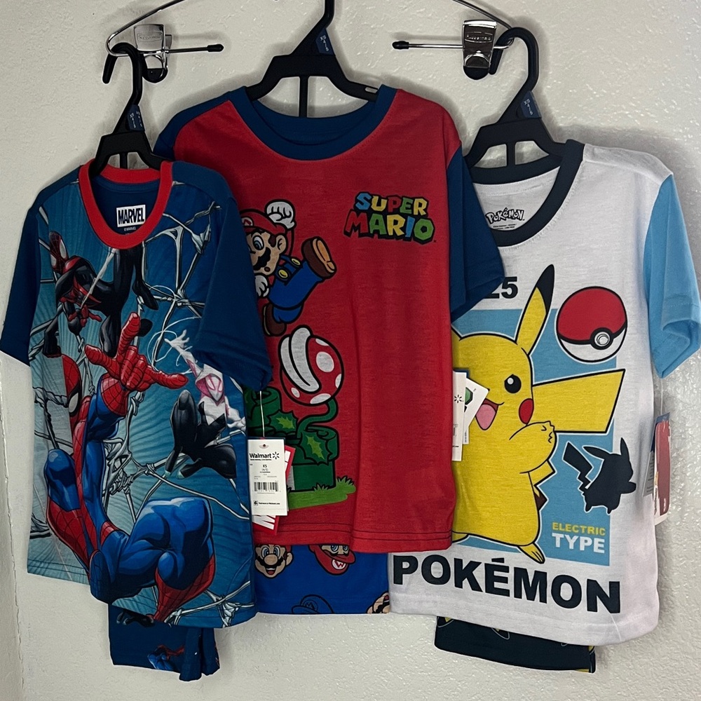 NWT marvel super Mario Pokémon boys pjs set 6piece lot shirt sleeve pants Xs